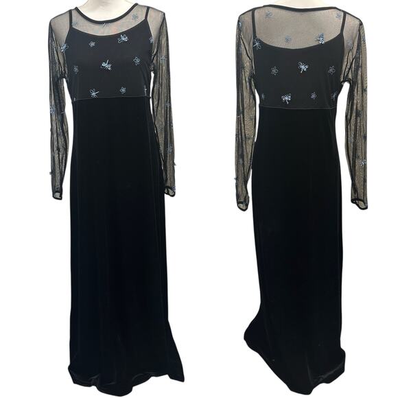 American Girl Vtg Y2K Black Velvet Mesh Dragonfly Maxi Dress Whimsigoth Witchy - Picture 1 of 8